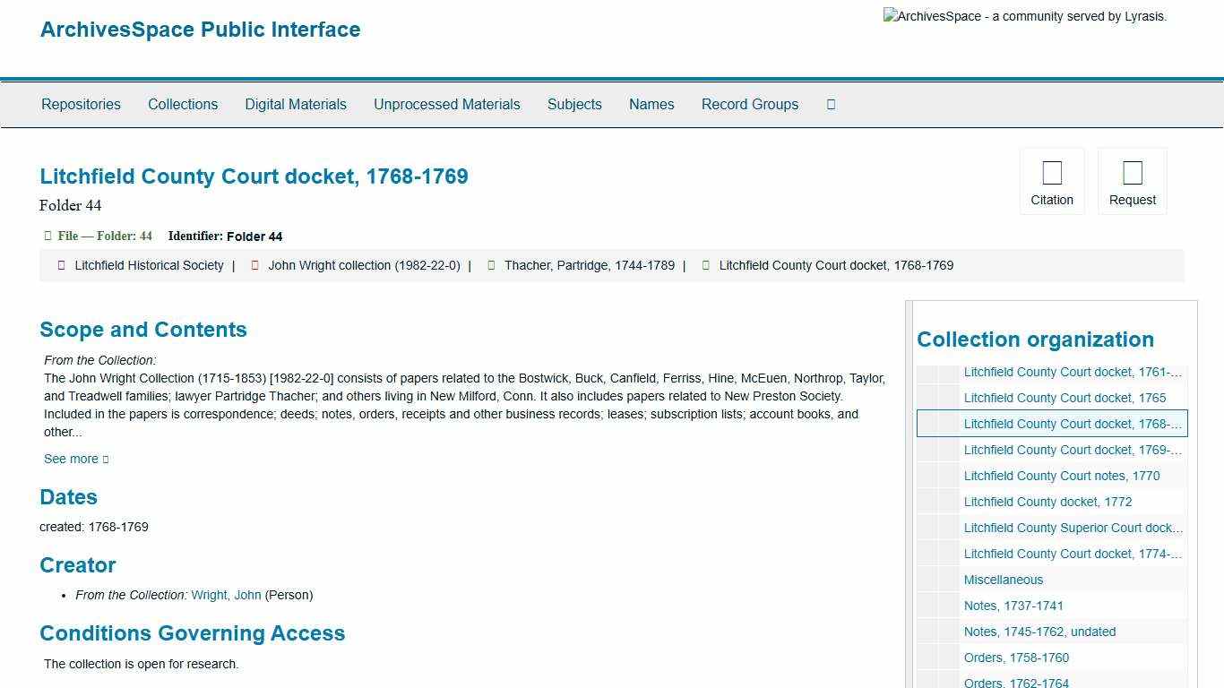 Litchfield County Court docket, 1768-1769 ArchivesSpace Public Interface